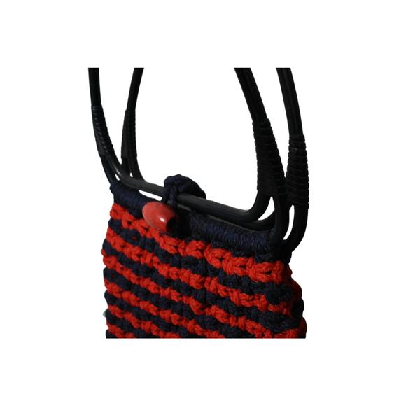Vintage 60s Navy Blue Red Hippie Macrame Crochet Double Bangle Handle Tote Purse - Picture 4 of 6